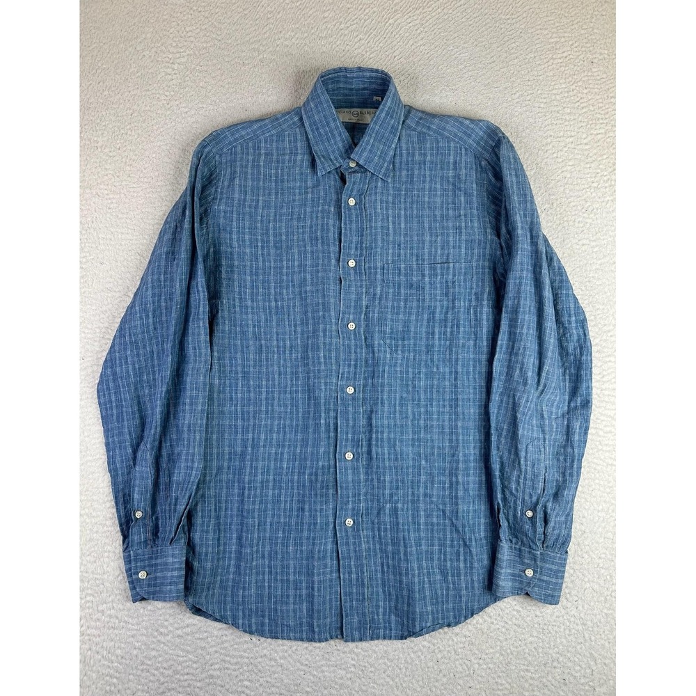Luciano Barbera Shirt Mens Medium Blue 100% Linen Plaid Button Up Italy